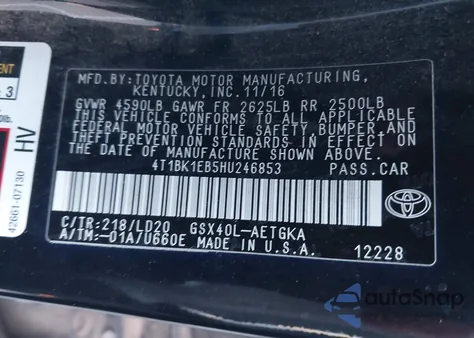 2017 Toyota Avalon Xle from USA, damaged, VIN 4T1BK1EB5HU246853